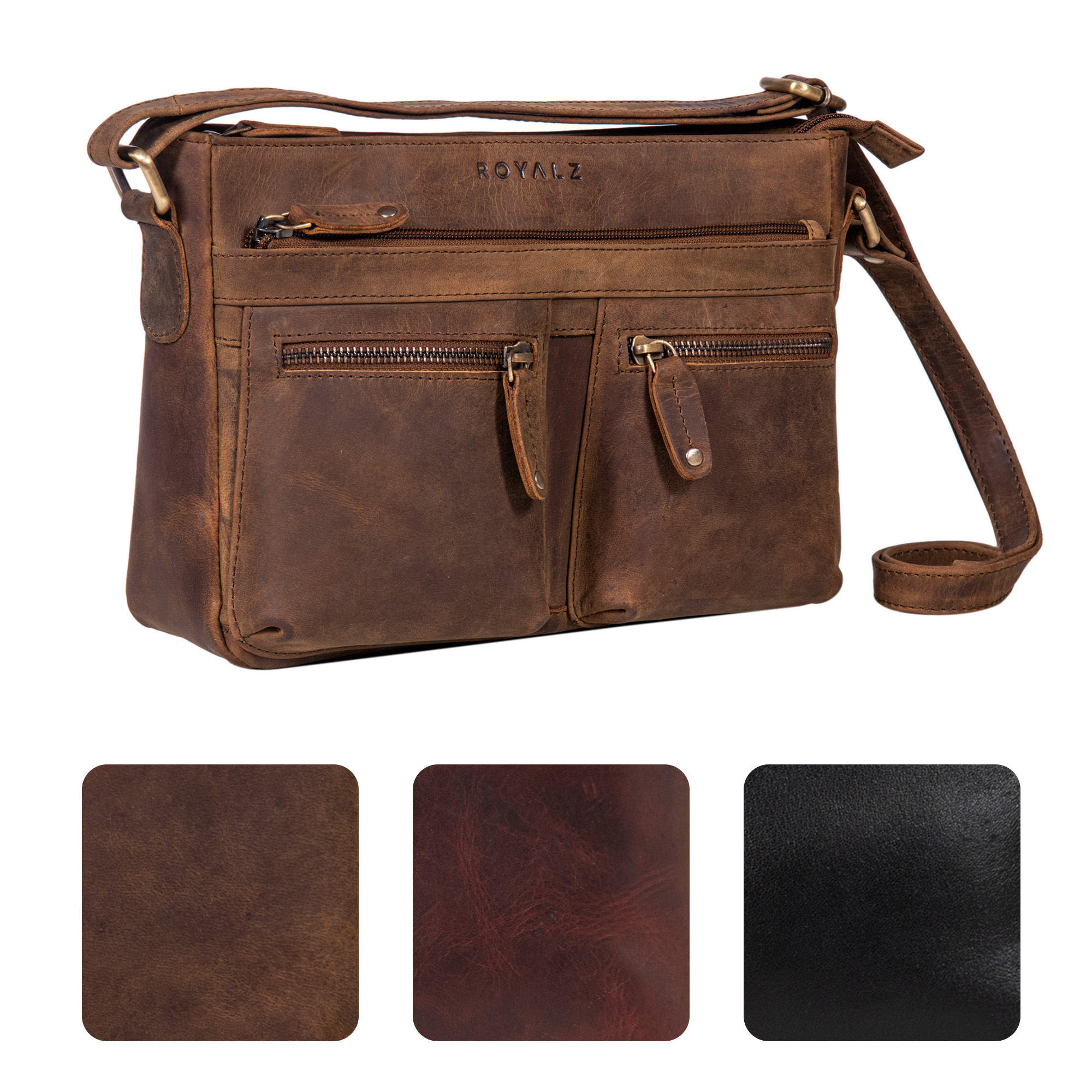 ROYALZ 'Dakota' Vintage Umhängetasche Aus Echtleder – Schwarz – Handliche Crossbody Bag Für Damen